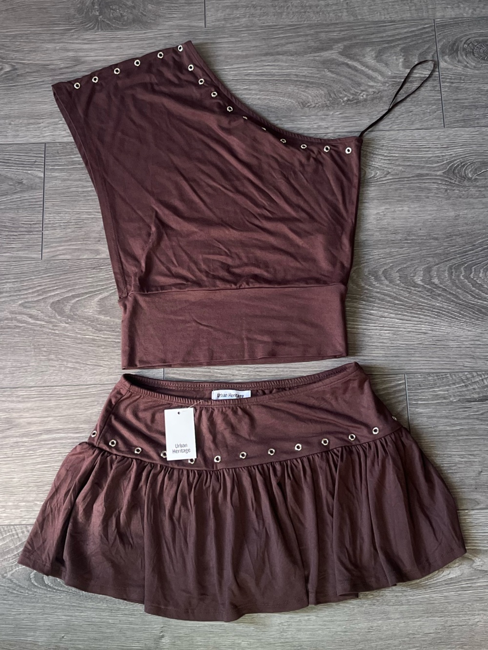 Brown Eyelet Detail Two-Piece Set - Off the Shoulder Top & Skirt